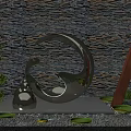 Modern Courtyard Garden Featuring Metallic Sculpture Stone Wall Green Plants And Lotus Leaves On Water