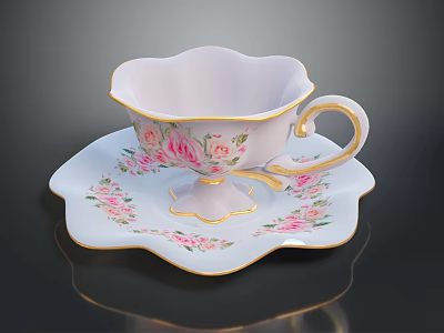 Elegant White Teacup And Saucer With Pink Rose Pattern And Gold Rim 3d model