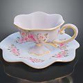 Elegant White Teacup And Saucer With Pink Rose Pattern And Gold Rim
