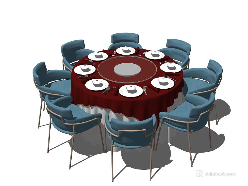 Round Dining Table Set With Red Tablecloth Blue Chairs And White Plates 3d model