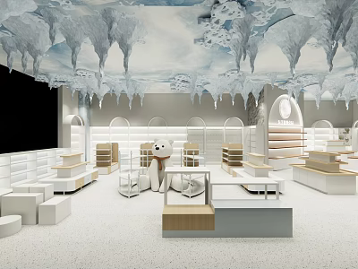 Ice Themed Mall Store Interior With Ceiling Icicles White Display Stands And Modern Shelves 3d model