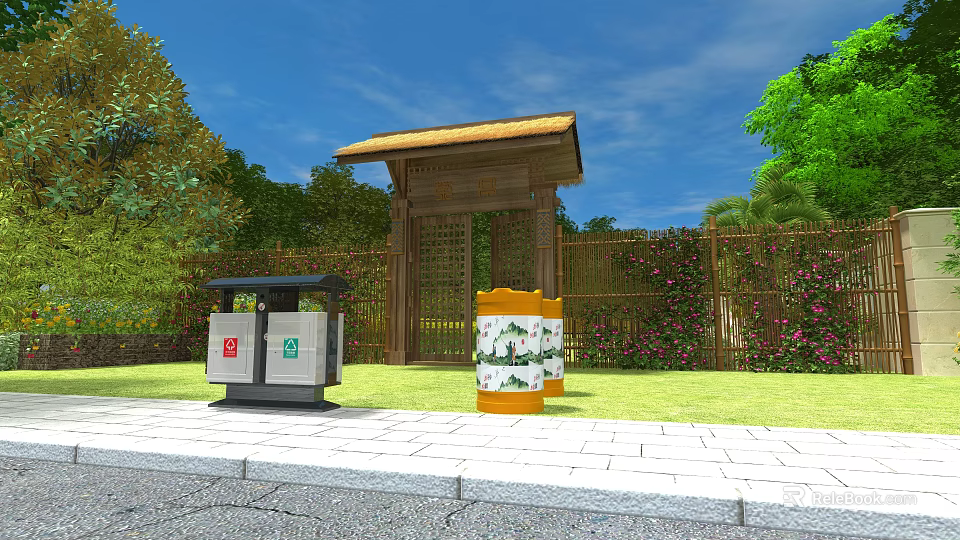 Traditional Wooden Entrance Gate With Roof And Vine Covered Wall Near Lawn And Trash Bins 3d model 
