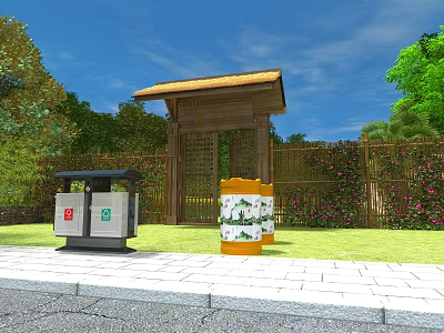 Traditional Wooden Entrance Gate With Roof And Vine Covered Wall Near Lawn And Trash Bins 3d model