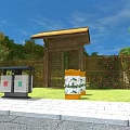 Traditional Wooden Entrance Gate With Roof And Vine Covered Wall Near Lawn And Trash Bins