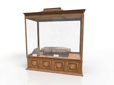 Wooden Display Cabinet with Glass Doors Holding Stone Artifact and Drawers at Bottom 3d model