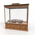 Wooden Display Cabinet with Glass Doors Holding Stone Artifact and Drawers at Bottom