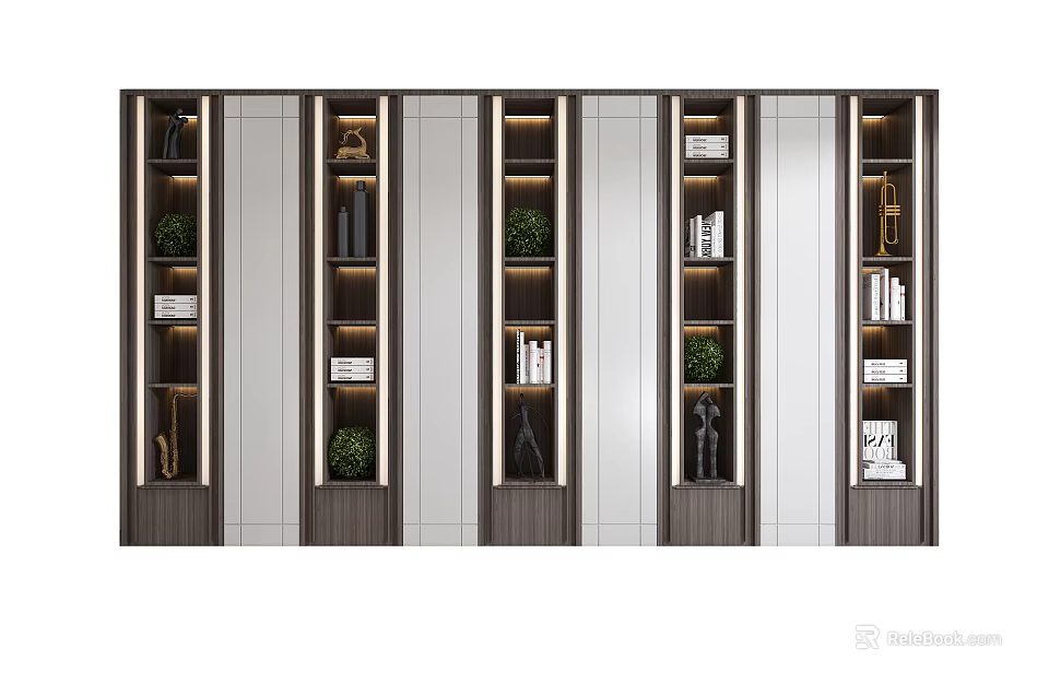 Modern Bookcase Interior Design With Multiple Storage Compartments Shelves Decorative Plants And Books 3d model 