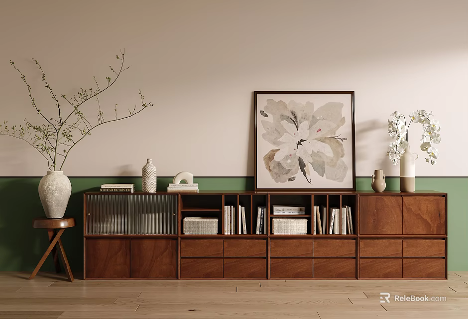 Modern Wooden Bookcase With Storage Drawers Books Decorative Vase And Flower Painting 3d model 
