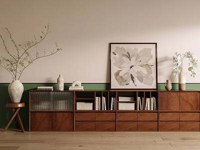 Modern Wooden Bookcase With Storage Drawers Books Decorative Vase And Flower Painting 3d model