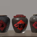 Traditional Ceramic Wine Jars With Red Labels Wine Character Brown Black And Red Sealing Lids