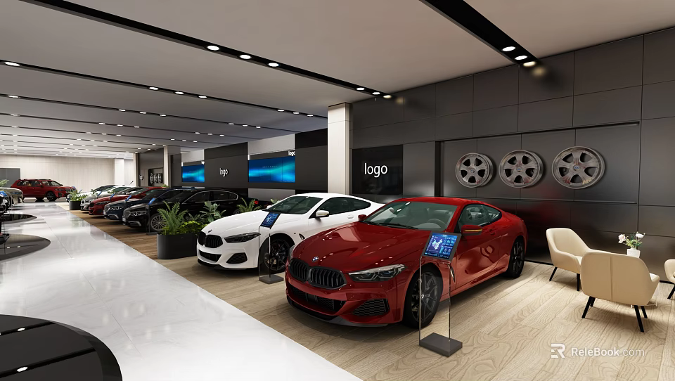 Modern Car Dealership Showroom With Luxury Cars And Interior Displays 3d model 