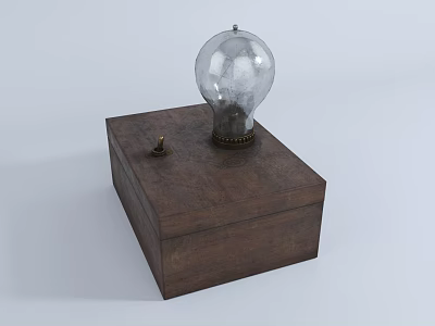 Vintage Glass Light Bulb Placed On Brown Wooden Box With Metal Base 3d model
