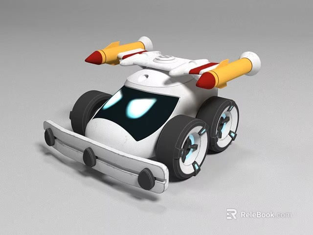 Game Movie Character White Vehicle With Yellow Red Rocket Thrusters Four Wheels Blue Glowing Eyes 3d model 
