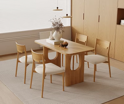 Natural Wooden Dining Table Set with Four Chairs White Cushions Vase Ornaments Cabinets and Window 3d model