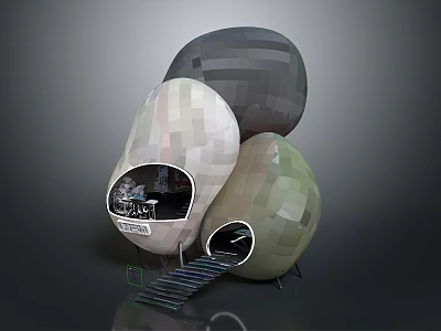 Unique Egg Shaped Stacked Buildings With Light Colored Exterior Entrance And Stairs 3d model
