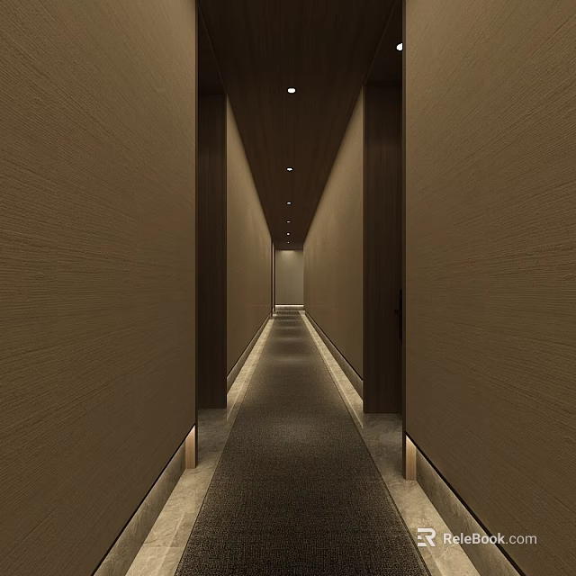 Modern Hotel Corridor With Wooden Textured Walls Recessed Lighting And Carpeted Floor 3d model 