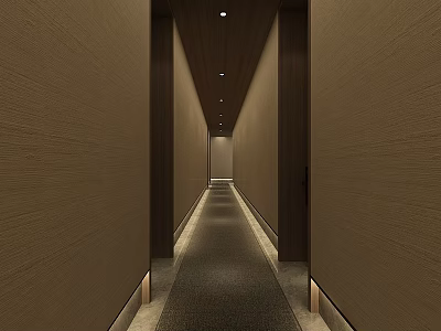 Modern Hotel Corridor With Wooden Textured Walls Recessed Lighting And Carpeted Floor 3d model