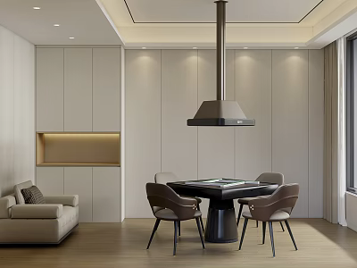 Modern Entertainment Room Interior With Round Dining Table Sofa Hanging Lamp And Light Walls 3d model