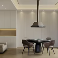 Modern Entertainment Room Interior With Round Dining Table Sofa Hanging Lamp And Light Walls