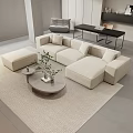 Modern Beige L-shaped Sofa Coffee Table Set with Round Table Wooden Accents and Green Plant