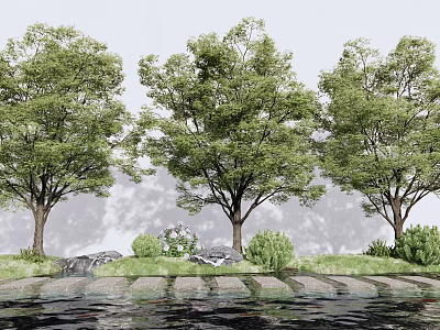Lush Arbor Trees Surrounded by Grass Stones and Calm Water 3d model