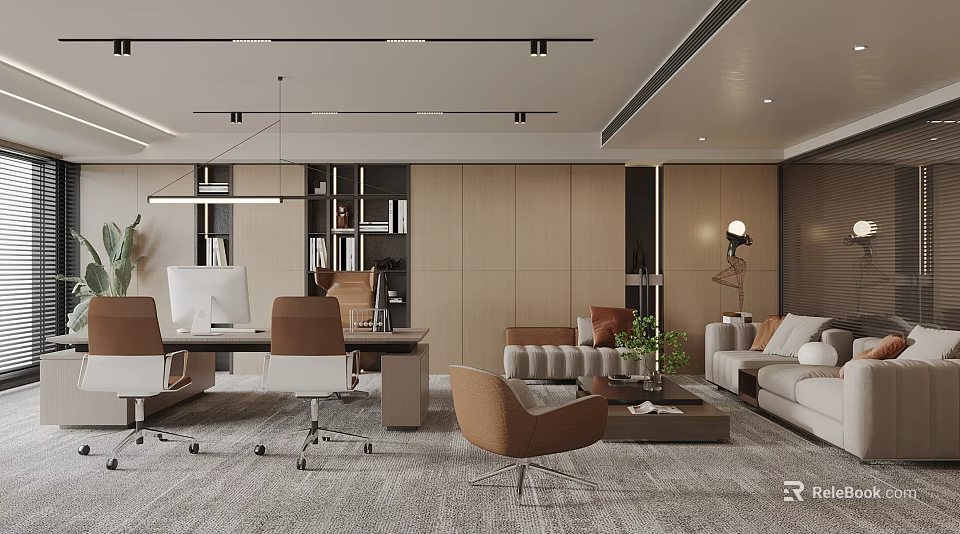 Modern Office Interior Design With Open Layout Wooden Walls Desk Sofa And Plants 3d model 