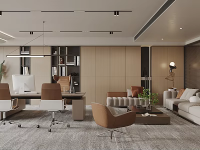 Modern Office Interior Design With Open Layout Wooden Walls Desk Sofa And Plants 3d model