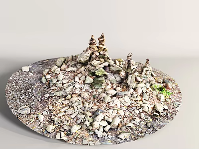 Rockery Stones Decorative Stacked Formation With Mini Gravel Base And Green Plant Accents 3d model