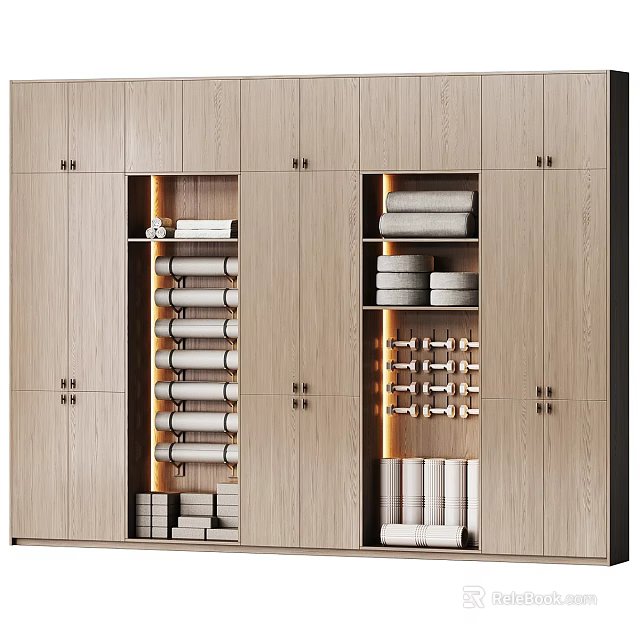 Modern Wooden Wardrobe Interior Design With Storage Shelves And Folded Towels 3d model 