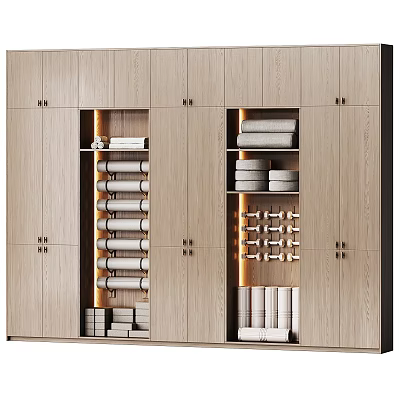 Modern Wooden Wardrobe Interior Design With Storage Shelves And Folded Towels 3d model