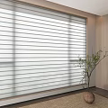 White Blinds Covering Window in Modern Room with Wooden Wall and Potted Plant