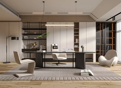 Modern Study Desk and Chair Decorative Cabinet Hanging Painting One-character Chandelier 3d model