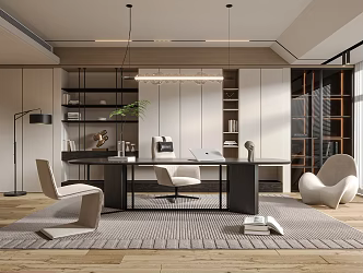 Modern Study Desk and Chair Decorative Cabinet Hanging Painting One-character Chandelier 3d model