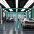 Auto 4S Shop Interior Featuring Purple Sports Car Neon Signs Service Equipment And Shelves