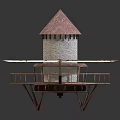 Stone Tower With Red Pointed Roof And Wooden Platform Plus Windmill Like Wooden Blade Structure