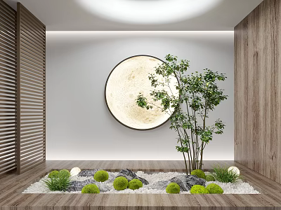 Indoor Landscape With Circular Decorative Artwork Green Plants And Wooden Walls 3d model