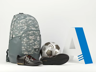 Black Sports Shoes With Camouflage Backpack Soccer Ball And Blue Letter A 3d model