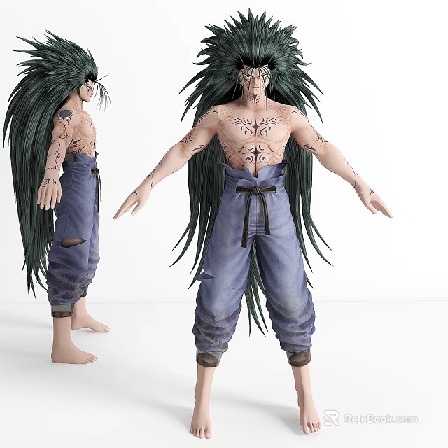 Game Movie Character with Green Long Hair Intricate Tattoos Ripped Blue Pants and Black Belt 3d model 