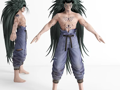 Game Movie Character with Green Long Hair Intricate Tattoos Ripped Blue Pants and Black Belt 3d model