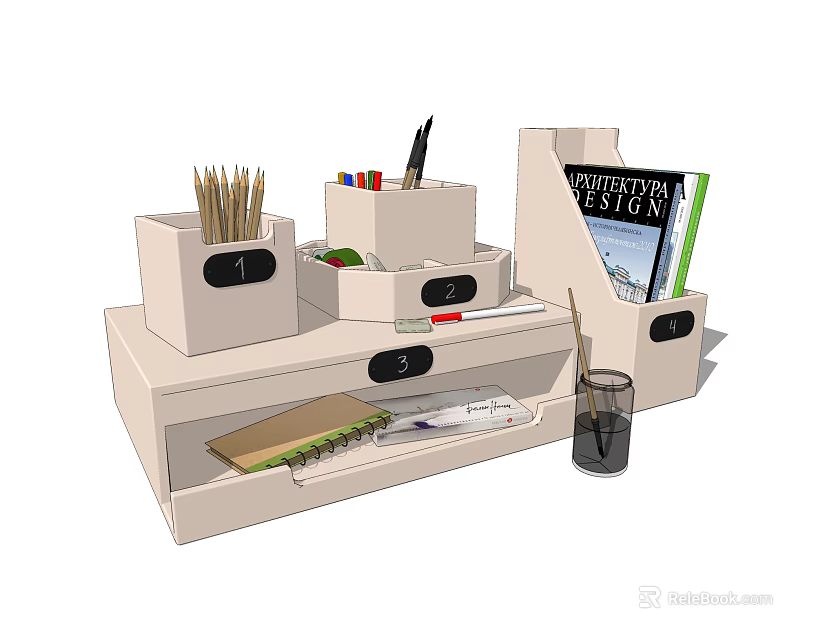 Desk Organizer Storage Compartments Pencils Colored Pens Scissors Notebook Architecture Design Book Glass With Straw 3d model 
