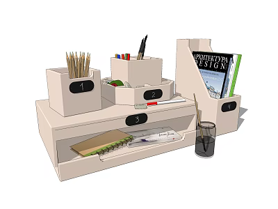 Desk Organizer Storage Compartments Pencils Colored Pens Scissors Notebook Architecture Design Book Glass With Straw 3d model