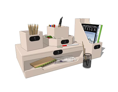 Desk Organizer Storage Compartments Pencils Colored Pens Scissors Notebook Architecture Design Book Glass With Straw 3d model