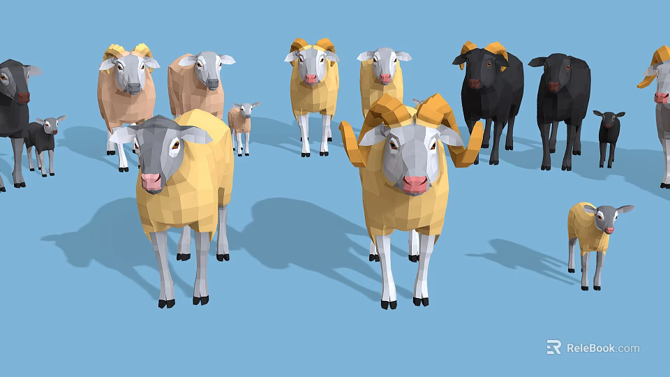Low Poly 3D Sheep Models With Various Colors On Blue Background 3d model