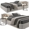 Modern Upholstered Double Bed With Layered Gray Beige Linens and Metal Frame Bedside Table