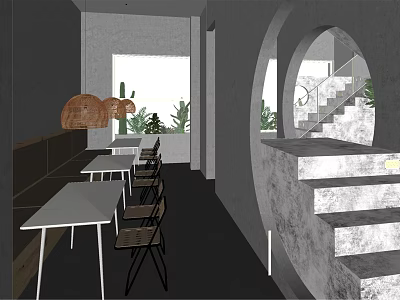 Modern Restaurant Interior With Rattan Pendant Lights White Tables Black Chairs Round Archway And Staircase 3d model