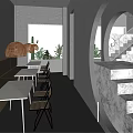 Modern Restaurant Interior With Rattan Pendant Lights White Tables Black Chairs Round Archway And Staircase