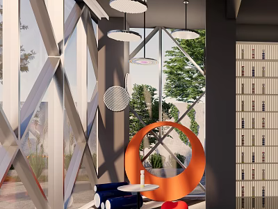 Modern Lounge Area Featuring Geometric Glass Windows Suspended Round Pendant Lights Orange Circular Decor Bookshelves 3d model