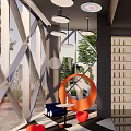 Modern Lounge Area Featuring Geometric Glass Windows Suspended Round Pendant Lights Orange Circular Decor Bookshelves