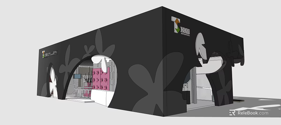 Black Exhibition Booth With Floral Patterns Tea Reading World Logo And Arched Design 3d model 