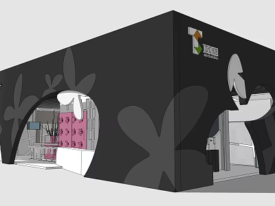 Black Exhibition Booth With Floral Patterns Tea Reading World Logo And Arched Design 3d model